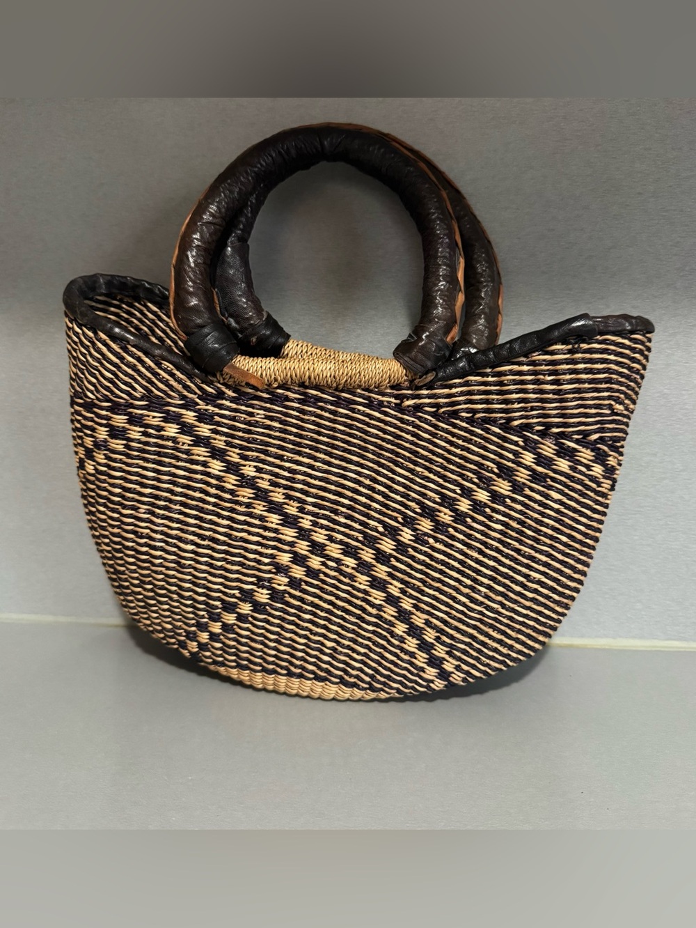 Handcrafted Woven Straw Handbag Purse Neutral Black Pattern Leather Handles